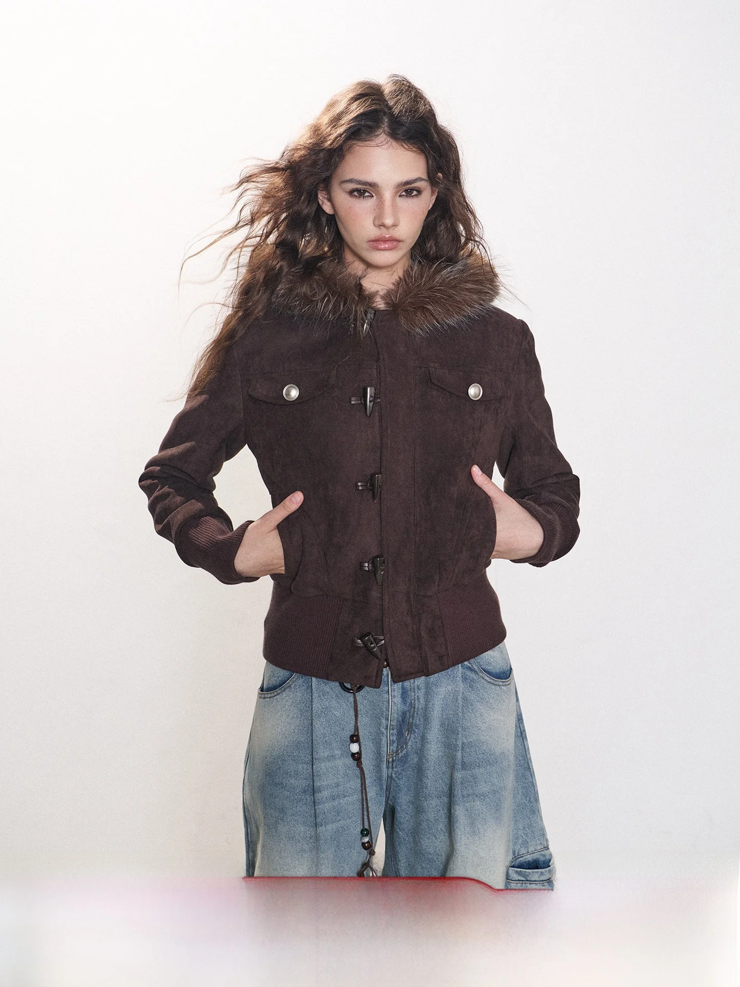 

Женская приталенная короткая куртка Goosfir American Sle из замши с меховым воротником, повседневная осенне-зимняя верхняя одежда