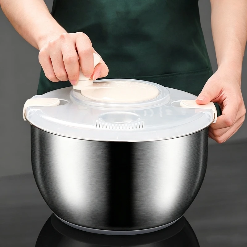 Stainless Steel Hand Crank Rotary Salad Spinner Drainer Spin Dryer Basket Dehydrator Dewatering Deoiling For Food Vegetable