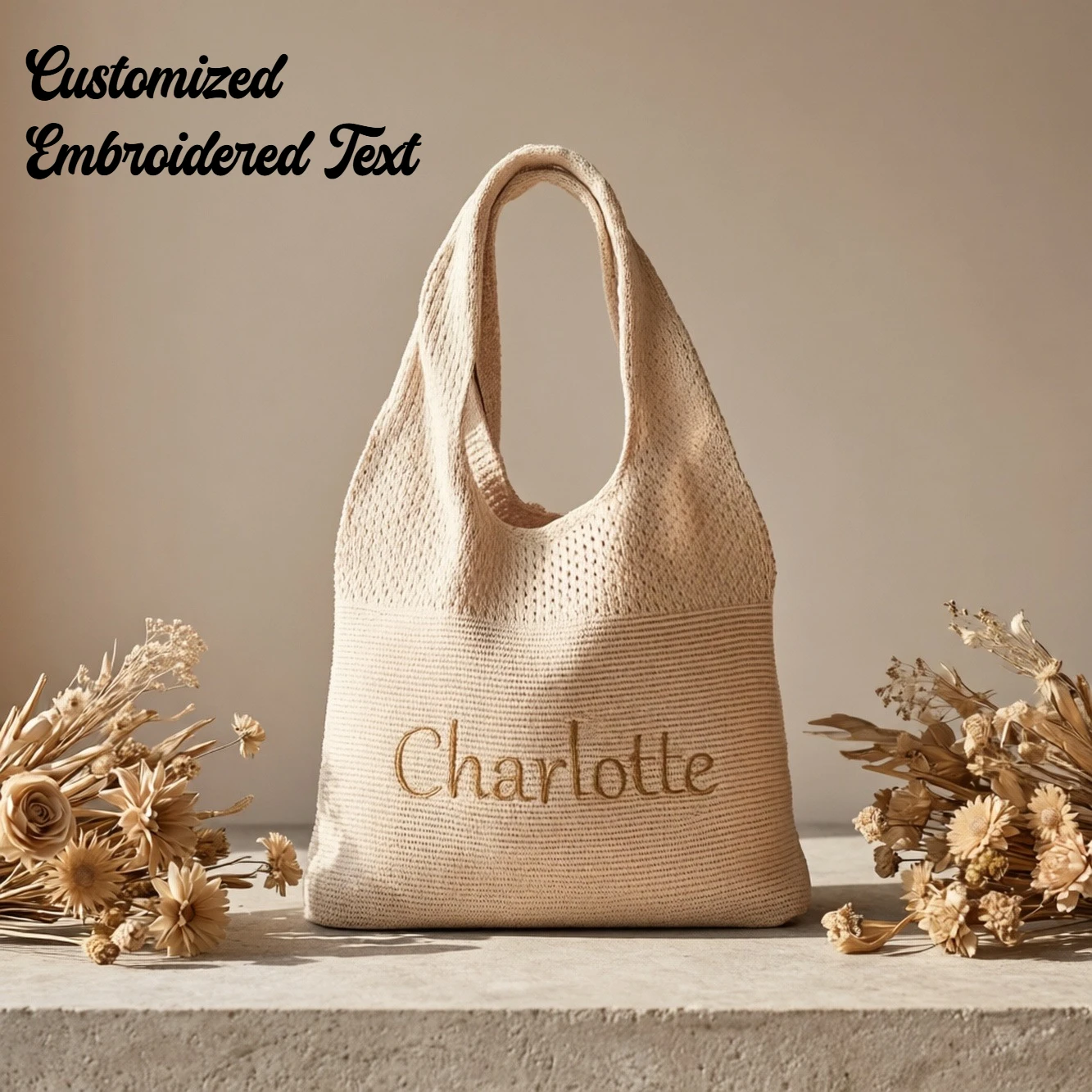 Customized Embroidered Name Knitted Tote Bag Women Summer Beach Shoulder Bag Boho Crochet Handbag Personalized Gift