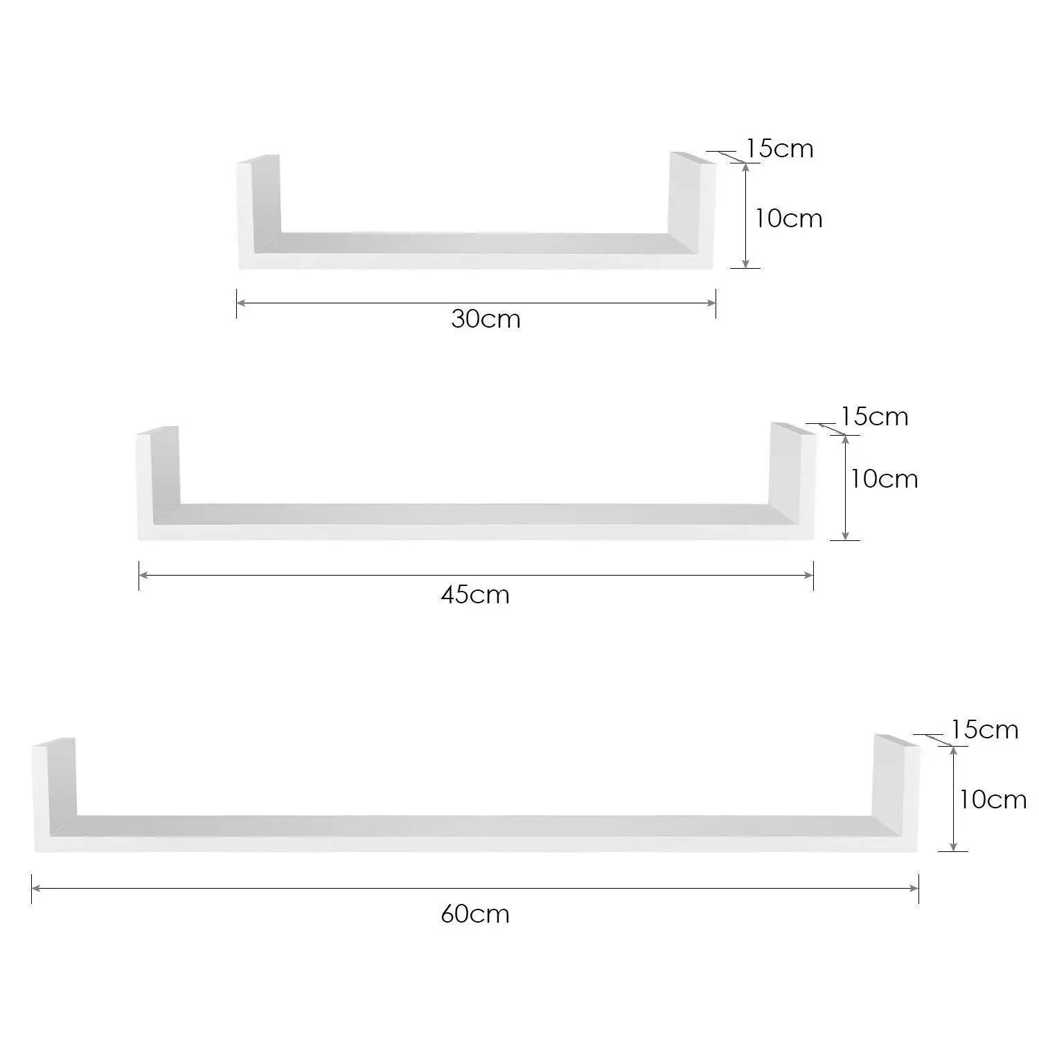 Getone Wandregal 3-tlg Schweberegal aus Holz Küchenregal Hängenregal Bücherregal für Wand 60/45/30 x15x30cm weiß