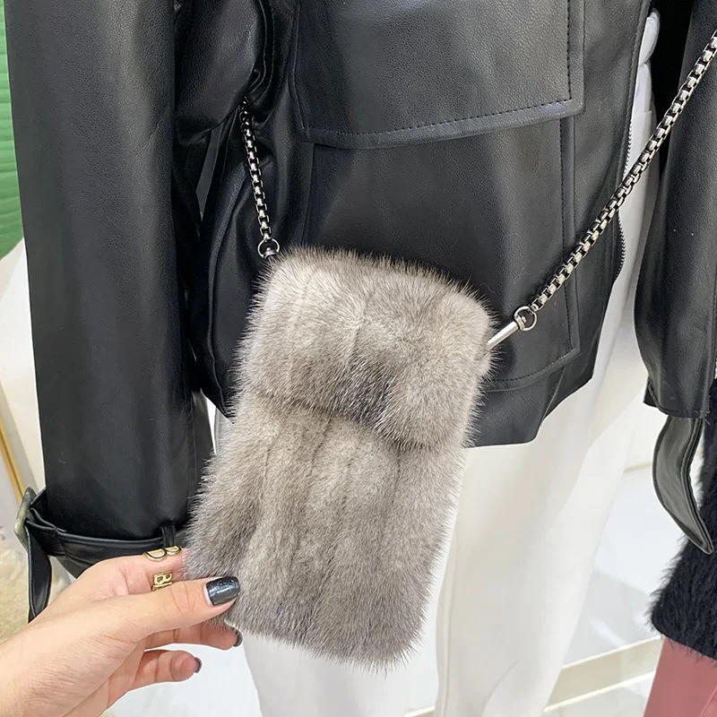 100% Genuine Mink Fur Crossbody Bag Bags For Women Luxury Fashion Zero Wallet Purses Plush Phone Bag Girl Mini Shoulder Bag