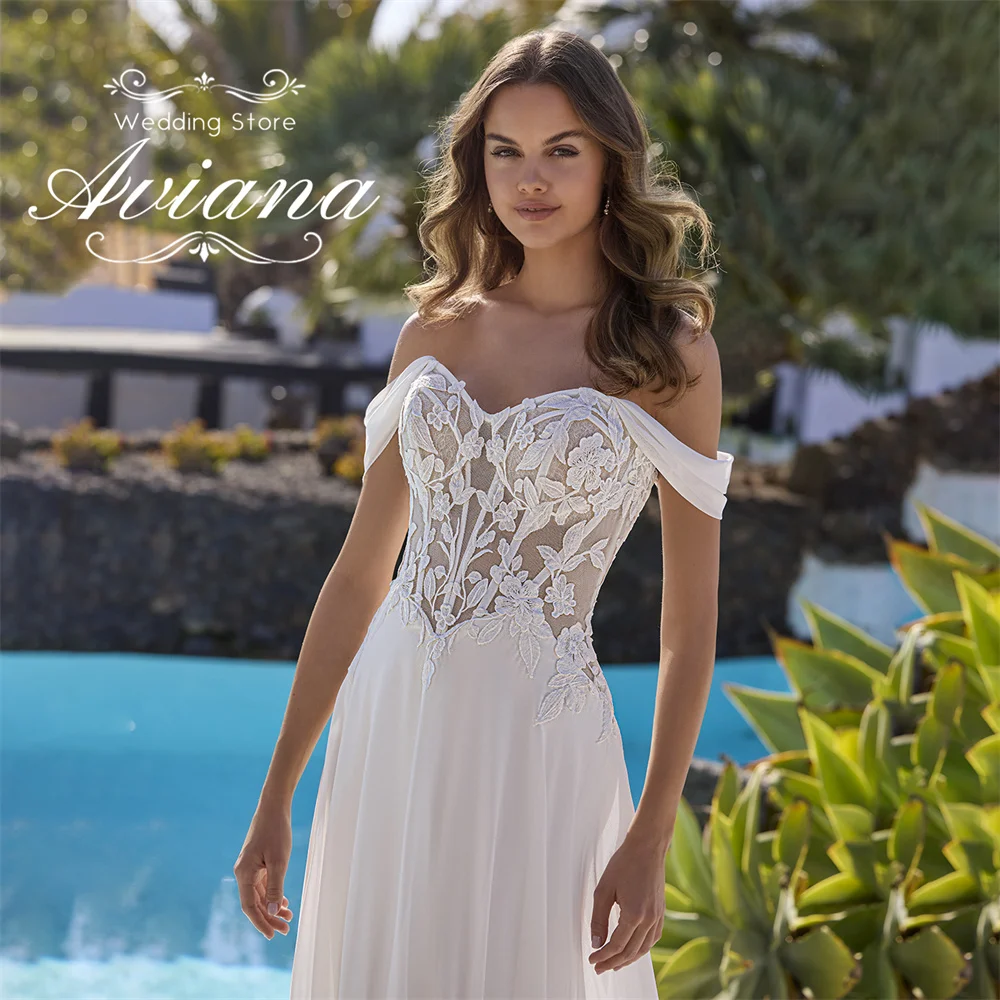 Aviana مخصص الحبيب قبالة الكتف فستان الزفاف المستقيم الدانتيل يزين التطريز مشد سويب تراين طول الأرض 2025