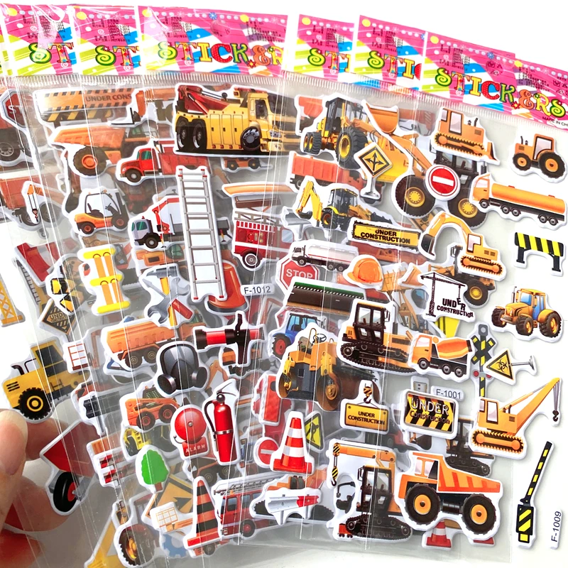10 Sheets 3D Stickers for Kids Puffy Children Engineering Vehicle Stickers Toy for Boy Girl Teacher Reward Scrapbooking Stickers
