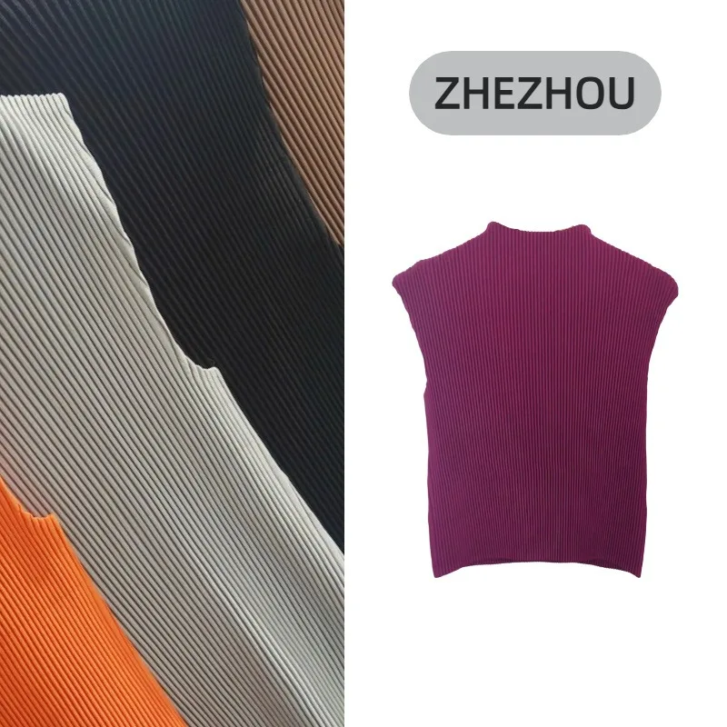 

Плиссированная футболка Miyake 2026: Новая женская майка на весну, простая однотонная безрукавка, топ для повседневной носки, плиссированная одежда