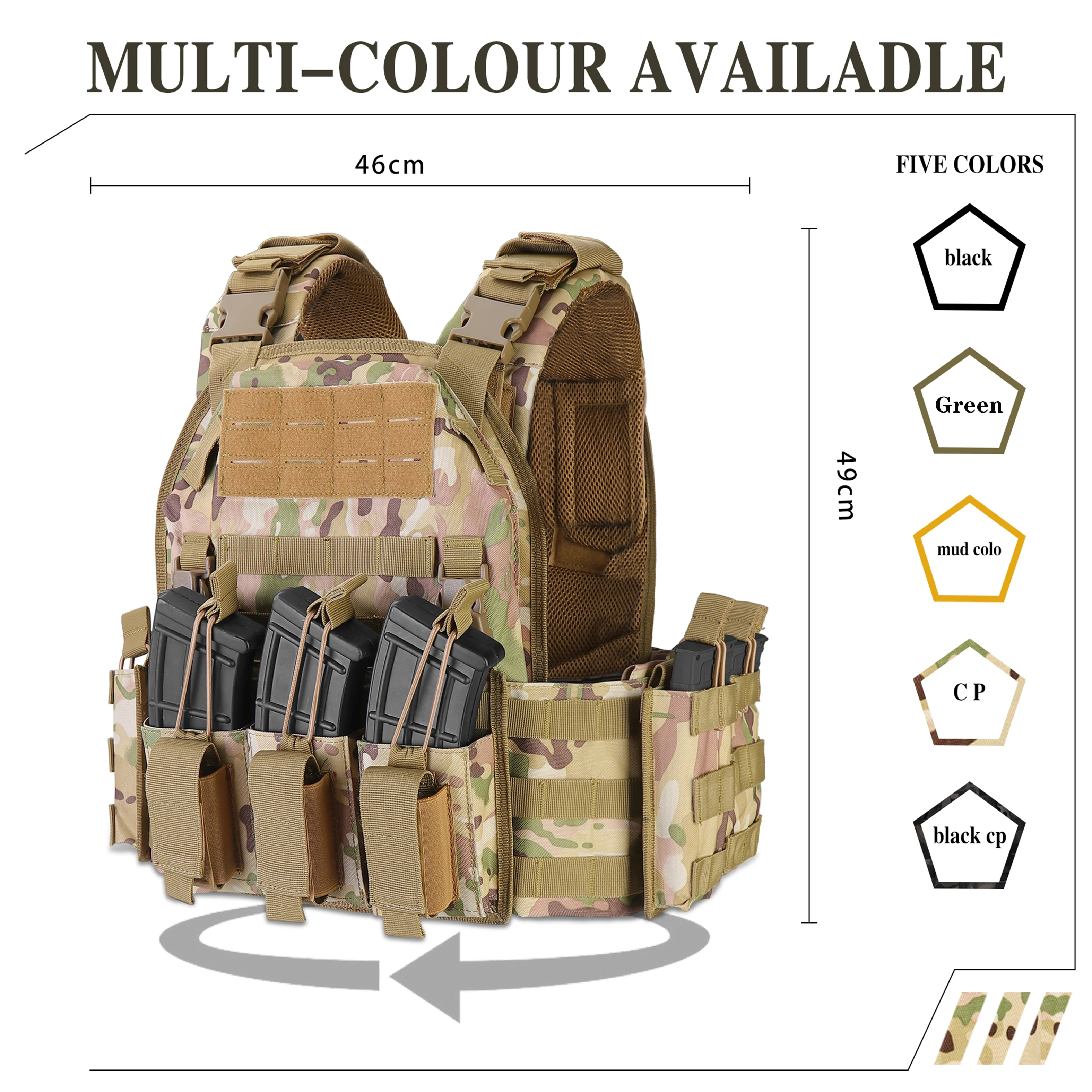 

Multifunctional outdoor vest with MOLLE webbing and multiple pockets, suitable for all seasons, ideal for camping and training.