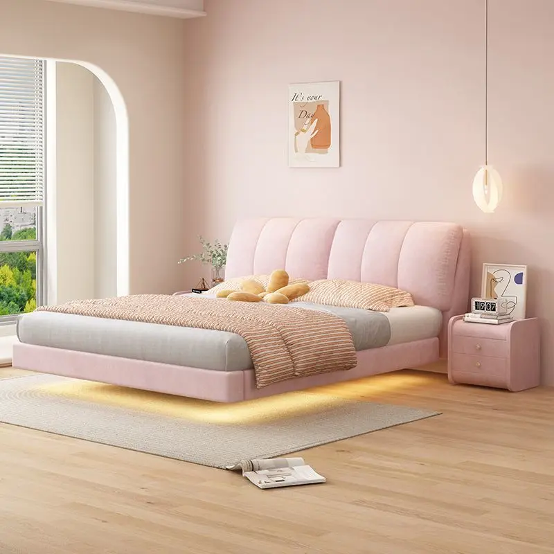 Pink suspended bed, modern and simple, small apartment bedroom, double fabric bed, soft bag removable and washable