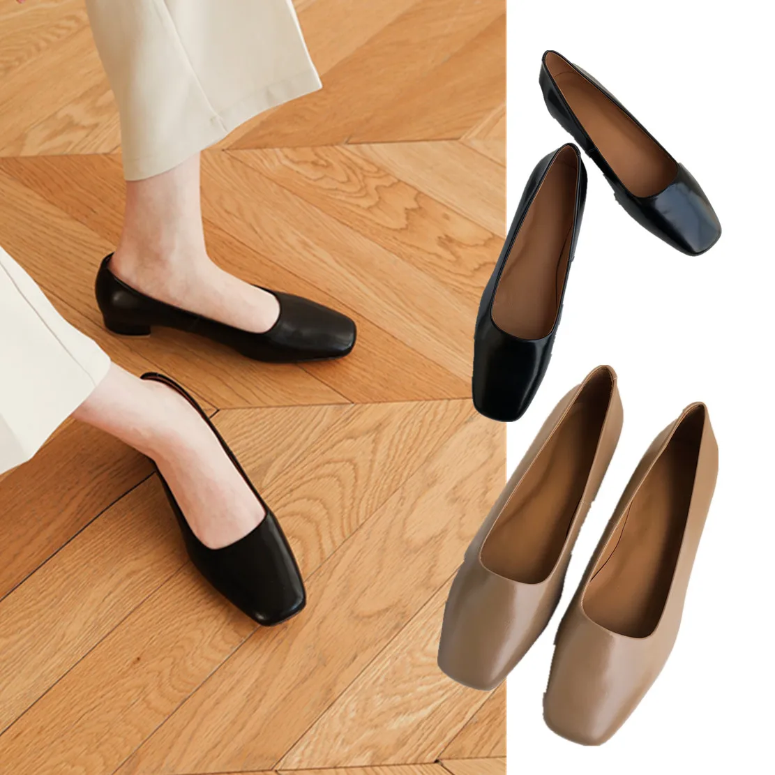 Withered England Style Office Lady Slip-On Loafers Women Fashion Elegant Soft Shoes Genuine Leather Square Heel