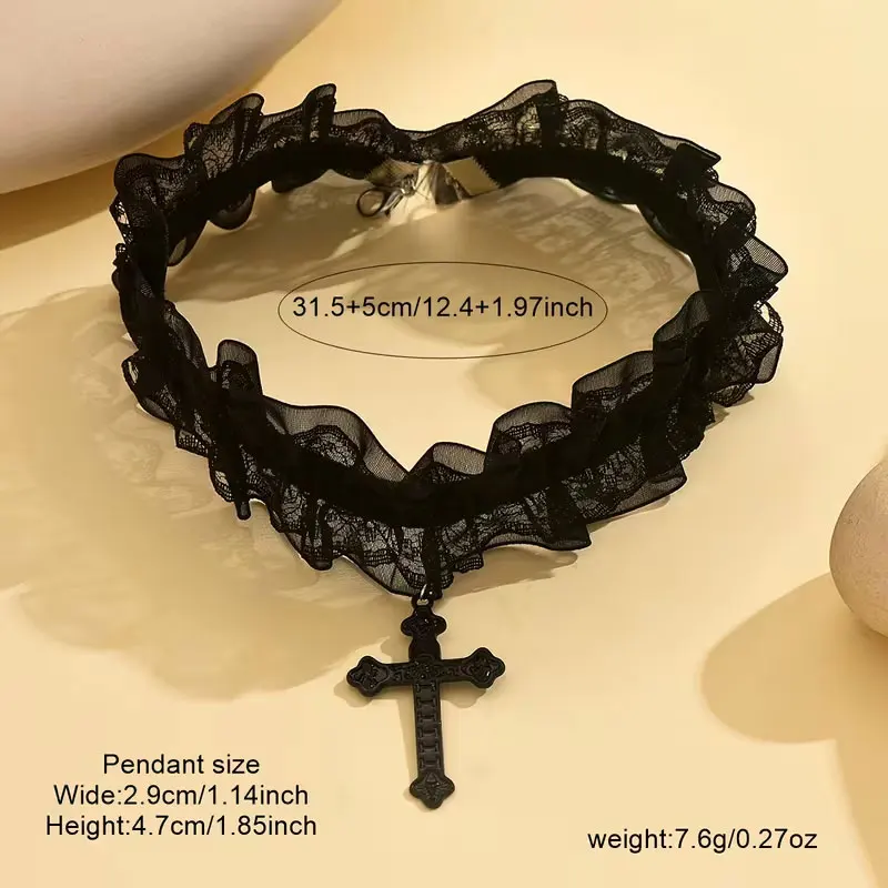 Sweet and Cool Dark-Themed Cross Pendant Lace Elastic Necklace, Suitable for Women's Daily Party Wear