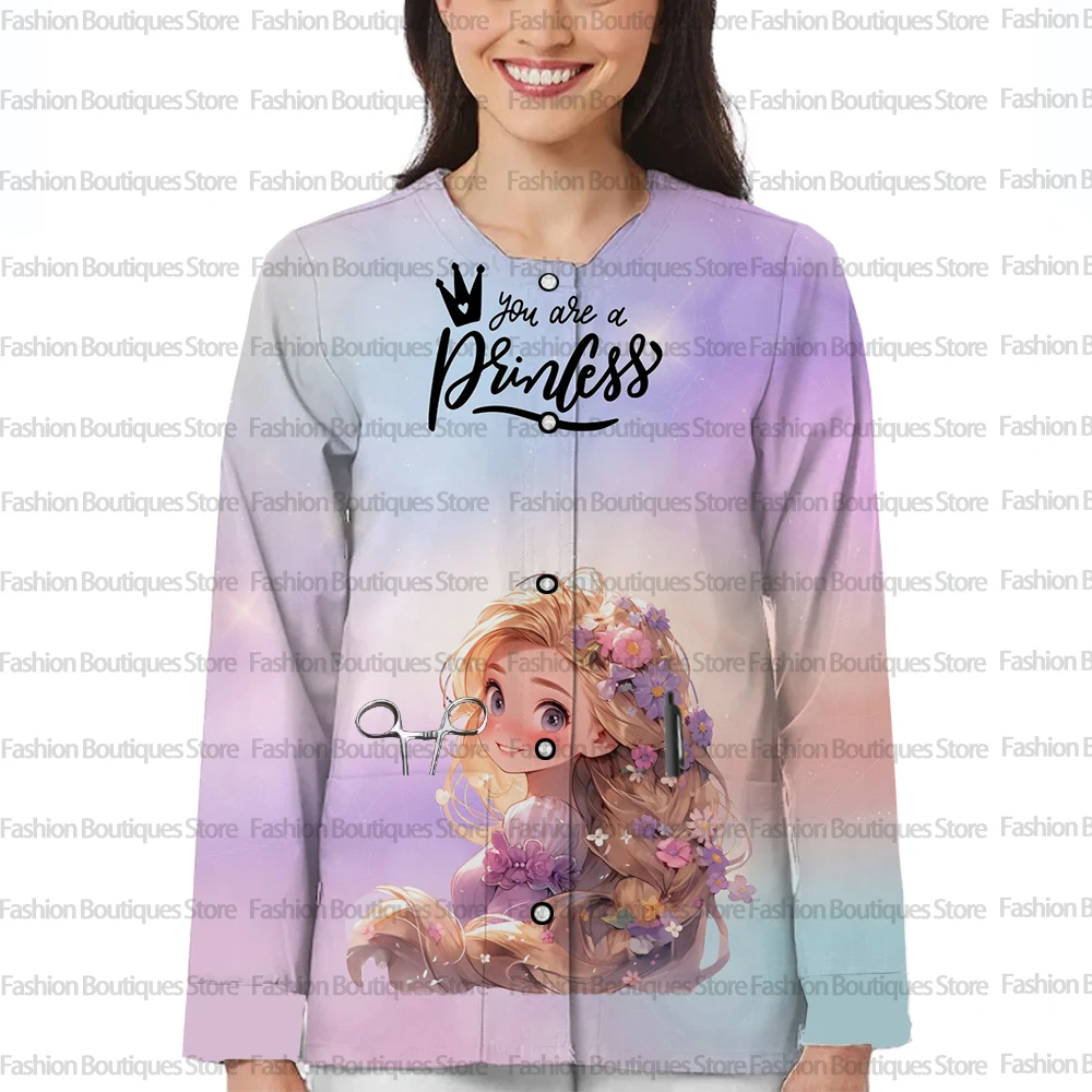 Disney Tangled Rapunzel Long Sleeve Dental Dental Uniform Frosted Round Neck Dental Uniform for Autumn and Winter
