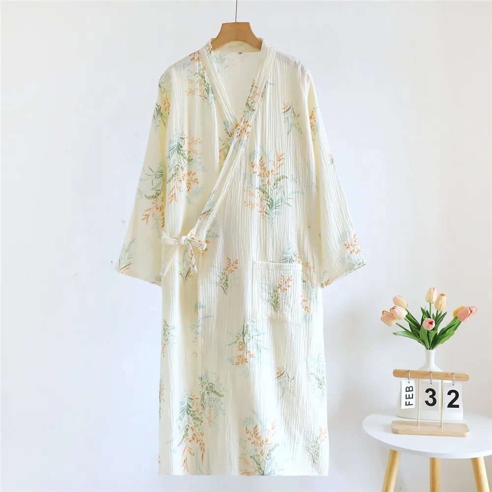 

Весеннее высококачественное хлопковое кимоно с принтом, двухслойные марлевые спальные халаты для женщин, халат юката