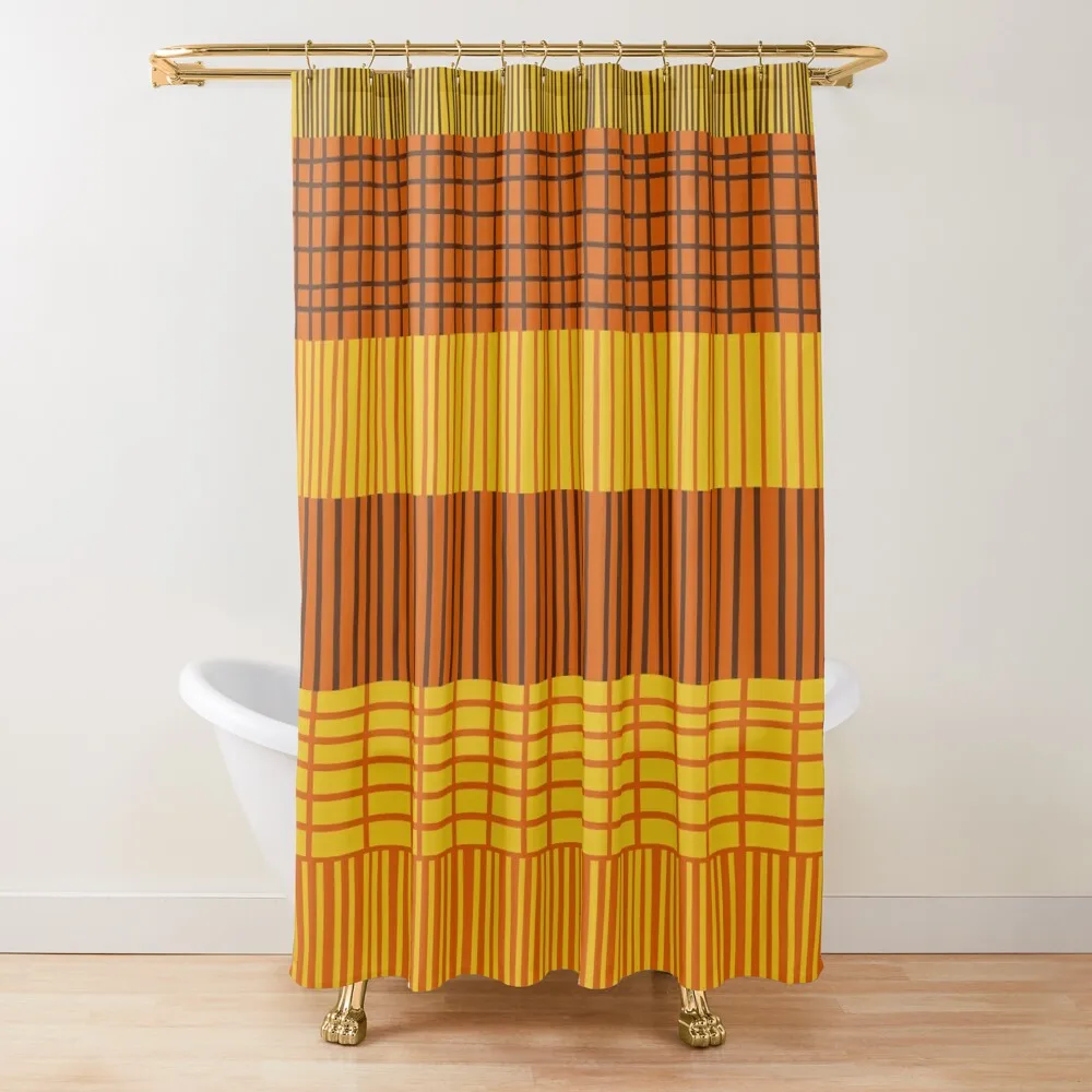 

Finnish Patchwork Stripe Pattern in 70s Orange Mustard Yellow Brown Shower Curtain Bathroom Showers Curtain
