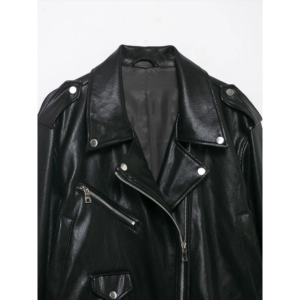 DUOPERI PU da donna nero con cerniera frontale giacche casual bavero collo maniche lunghe donna elegante chic abiti da donna