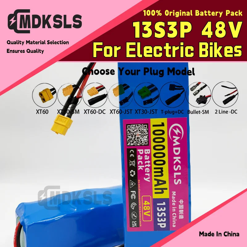 2026 MDKSLS New 13S3P 48V 100000mAh 100Ah Lithium-ion Battery Pack with 1000W BMS for 54.6V E-bike Electric Bicycle Scooter