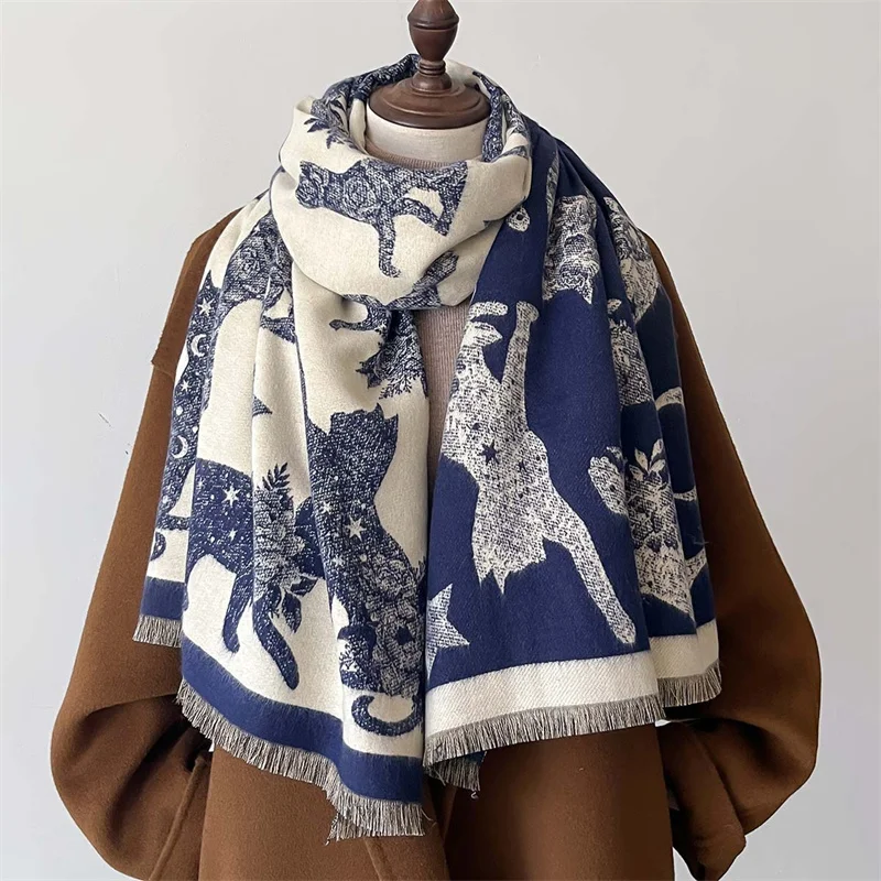 Warm Winter Blanket Cashmere Scarf for Women Design Cat Print Thick Pashmina Shawls and Wraps Bufandas Female Poncho Echarpe