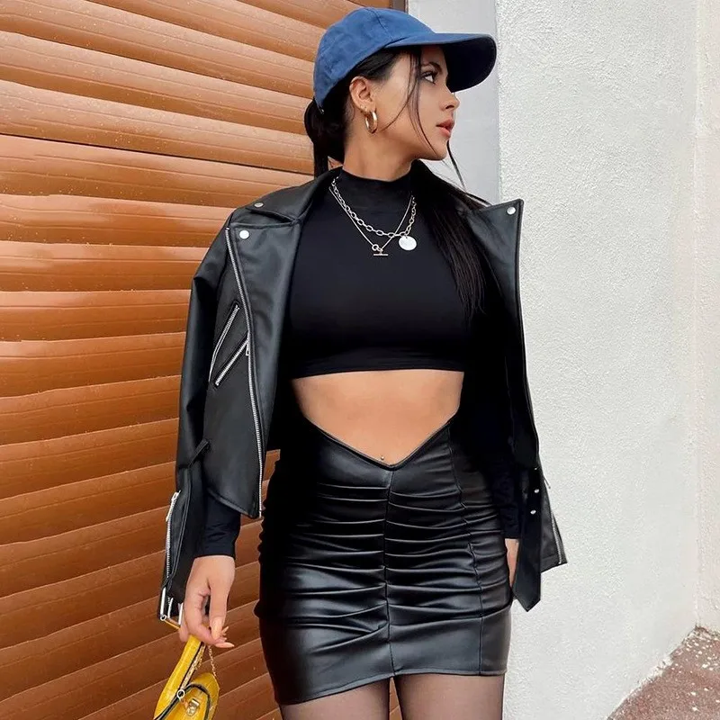 Summer Women Y2k Skirt Pu Leather Black High Waist Mini Skirt Ruched Solid Pencil Skirt V Cut Waist Fitted Skirt Tight 2026