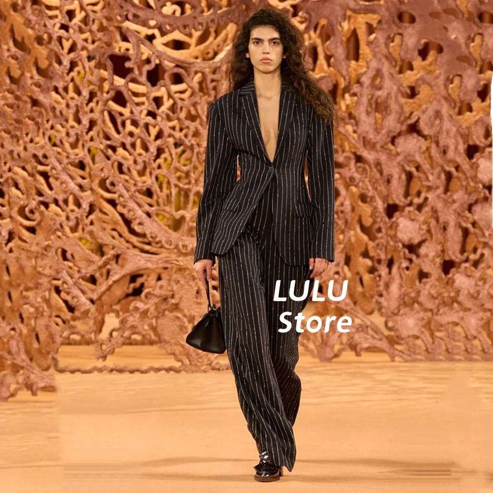 Elegant Blazer Suit And Wide Leg Pants Stripe Two 2 Piece Sets Outfits Women Classic OL Work  Sport Street Outfit Tracksuit