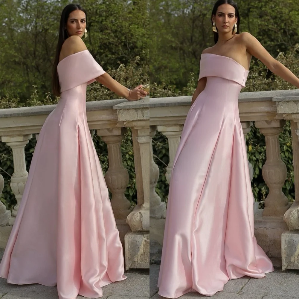 

Customized Luxury Pink Satin Evening Dresses Exquisite Off the Shoulder Homecoming Dresses Fashion Special Occasion Gowns