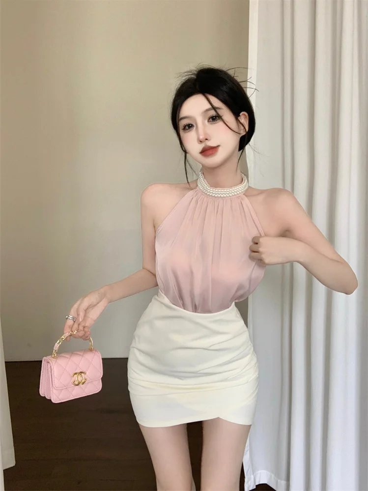 

Элегантный комплект из шифонового топа без рукавов с открытыми плечами и короткой юбки для женщин, с высокой талией, А-силуэт, летняя мода