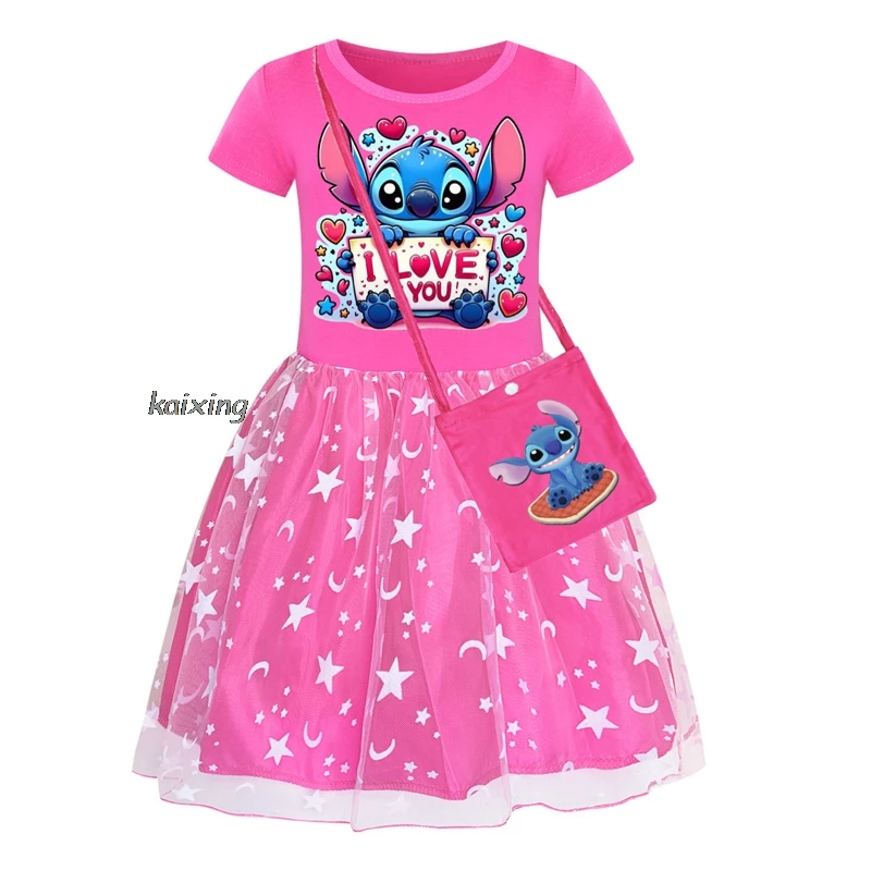 New Lilo And Stitch Kid Clothes Knee-Length Dresses Cotton Rainbow Dress +Bag Teenagers Cartoon Girl Clothing Party Clothes Gift