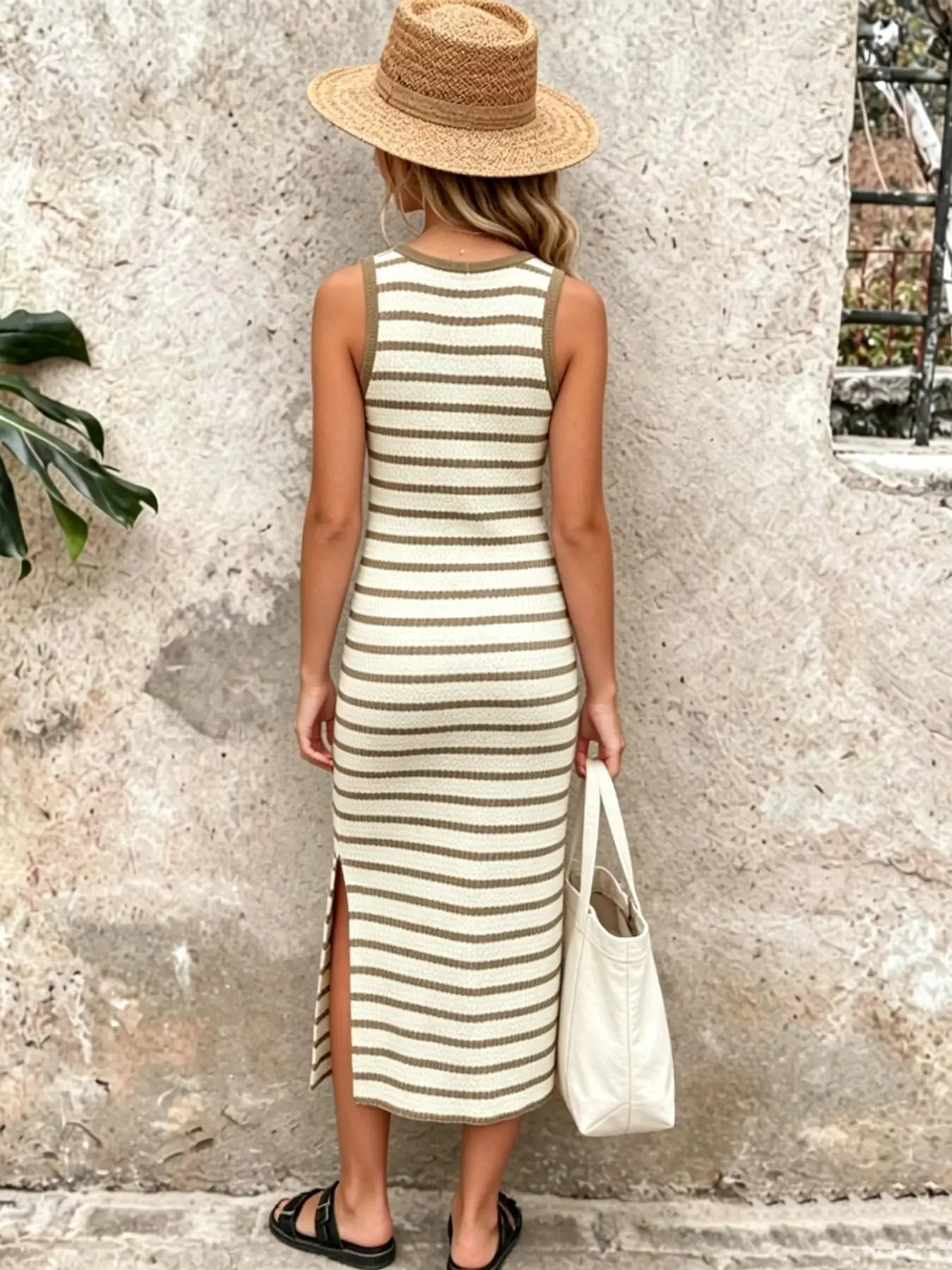 Mädchen Ärmelloses Gestreiftes Figurbetontes Kleid mit Schlitz, Bohemian Urlaubsstil, Atmungsaktiver Strickstoff, Sommer Strand, Garten Fotoshooting – Detail 3