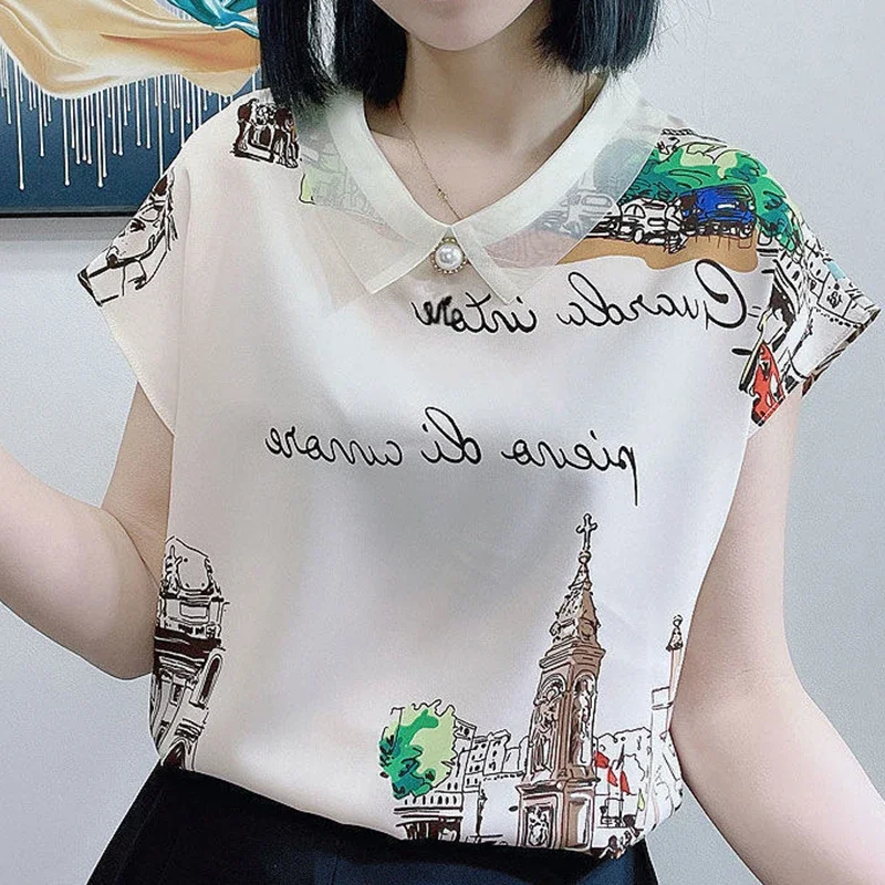 Women's T-shirt Summer Short Sleeve Blouse Turn-down Collar V-Neck Diamonds Letter Building Printing Stylish Elegant Tops
