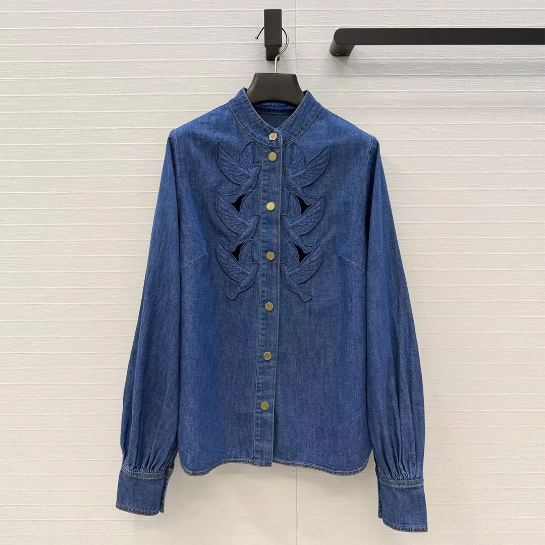 

Винтажная хлопковая синяя джинсовая рубашка женская, новая весенняя, с круглым вырезом, длинным рукавом, металлическими пуговицами, вышивкой в виде птиц, свободная блузка