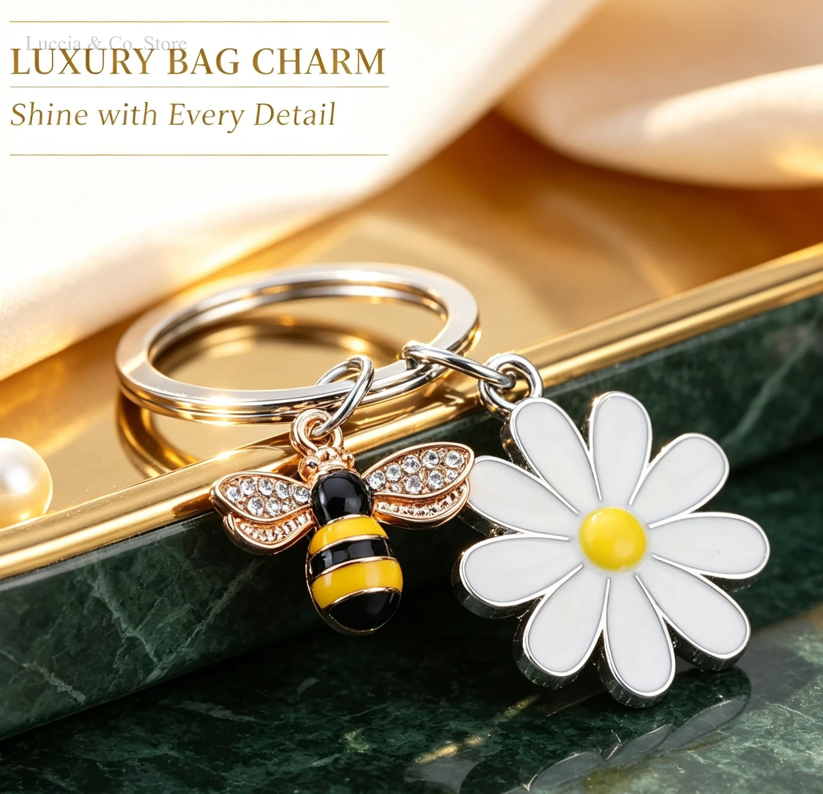 Daisy Bee Keychain Enamel Flower Key Ring Pendant Metal Alloy Bag Charm for Women Girls Backpack Handbag Decor Gift