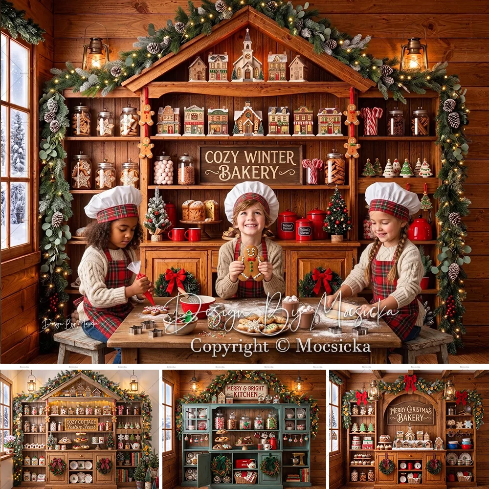 Mocsicka Weihnachtsbäckerei-Küchen-Hintergrund für Fotografie, Lebkuchen, Winter, Holzschrank, Kranz, Hintergrund für Kinder, Urlaub, Fotostudio