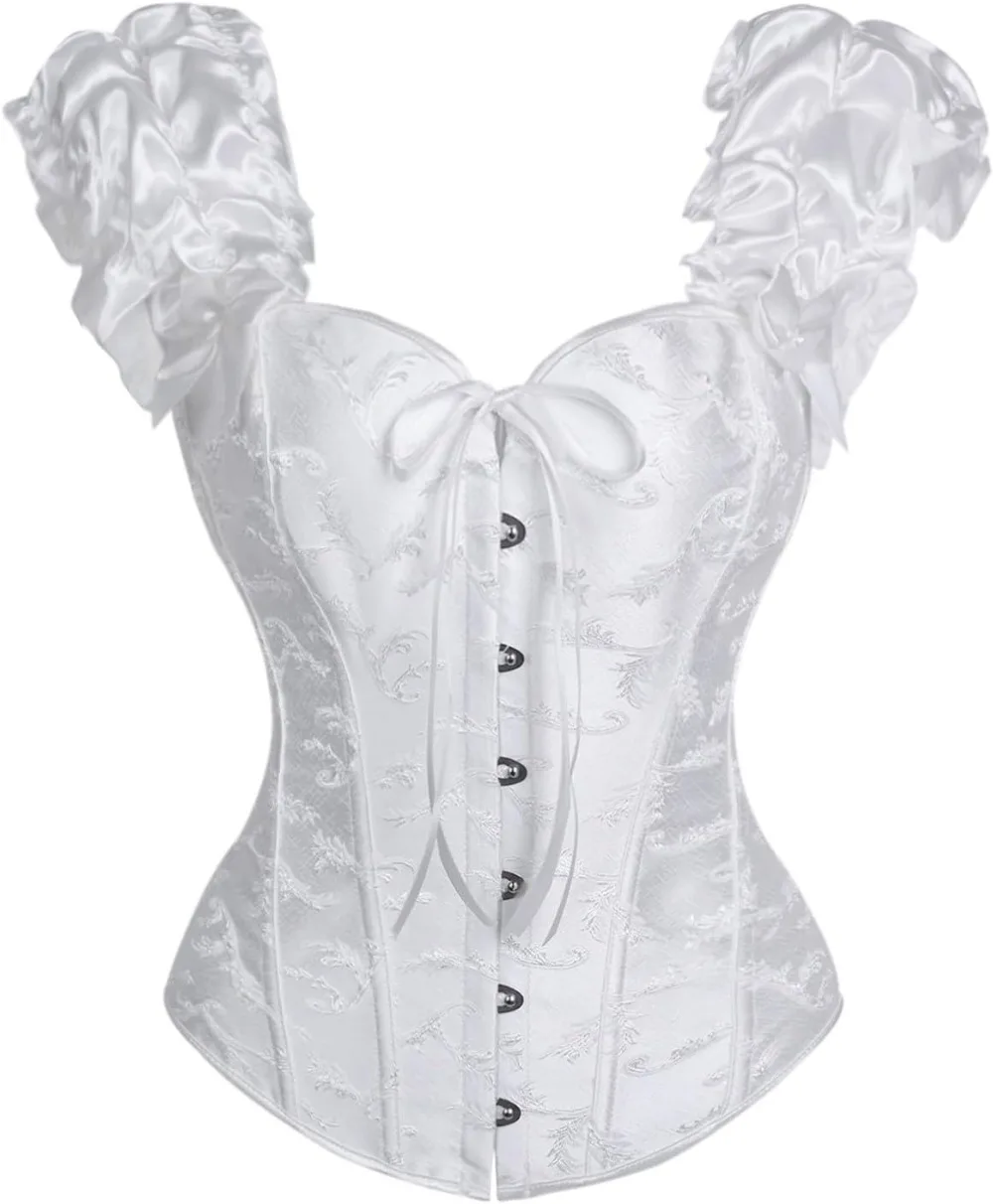 Women's Lace up Gothic Jacquard Corset Shoulder Straps Puff Sleeve Tank Overbust Shaper Bustiers Top Bridal Dress