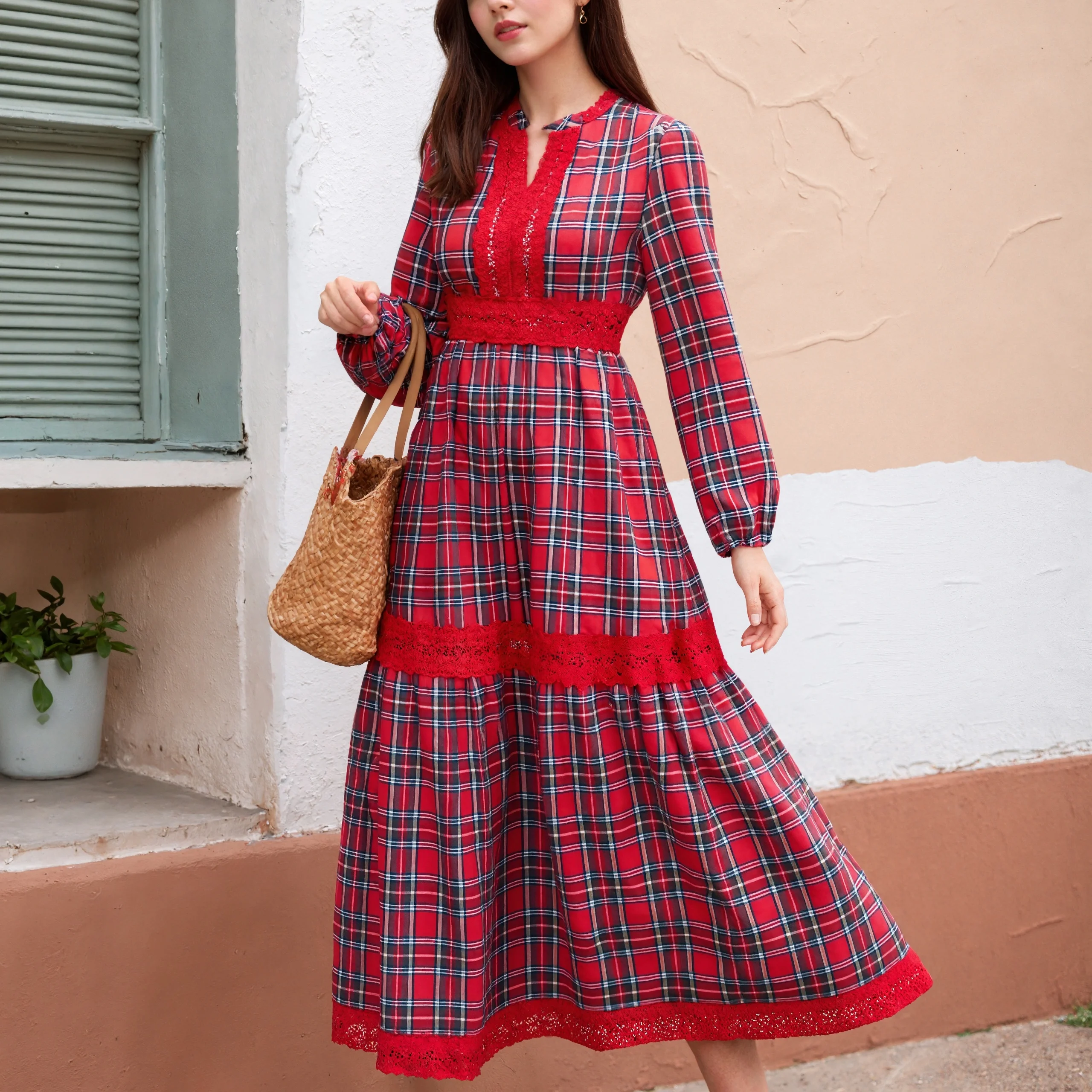 Women Red Plaid Maxi Dress Long Sleeve Casual A-Line Dress Lace Patchwork Tassel V Neck Bohemian Vintage Spring Autumn