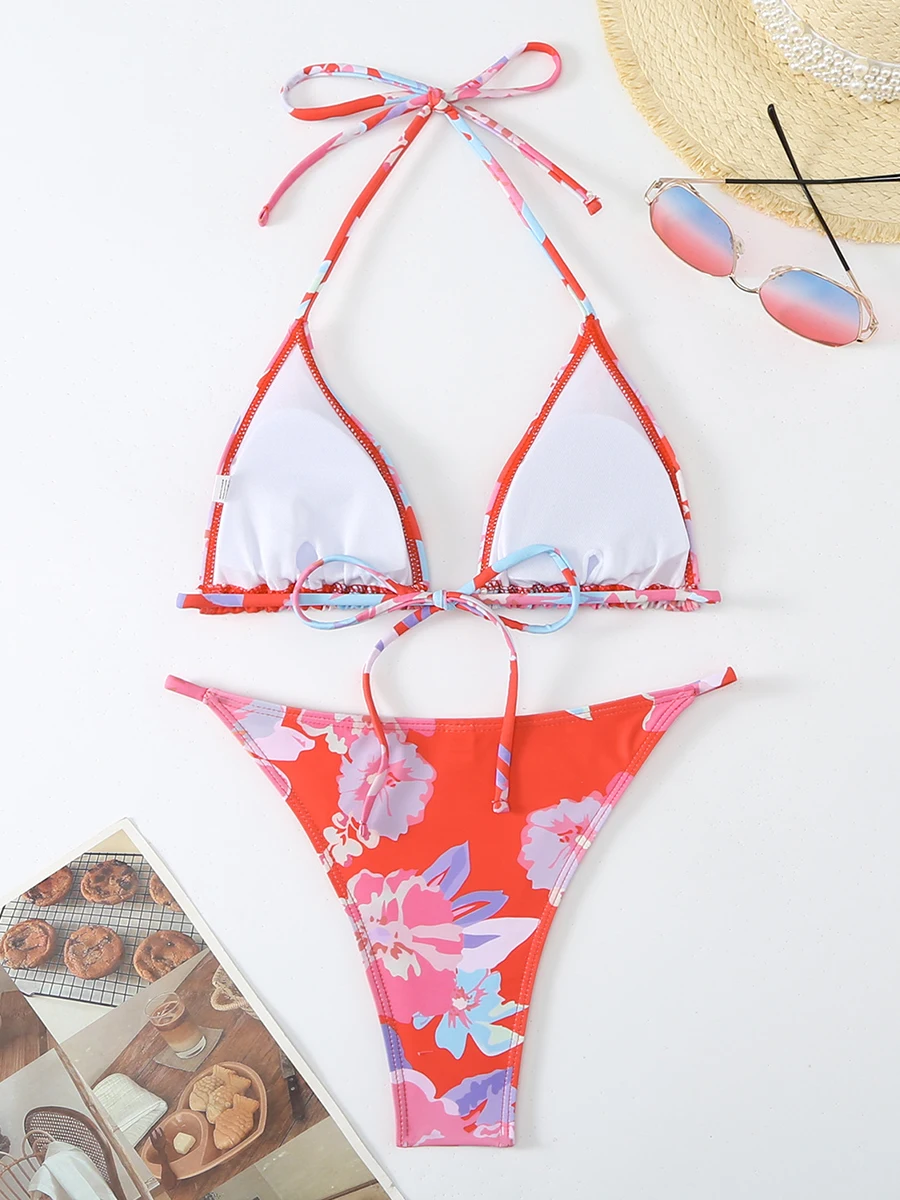 Sexy Floral Mini Thong Bikini Women Swimsuit 2025 Triangle Swimwear Halter Top Bathing Suits Two-piece Biquini Thong Bikinis Set