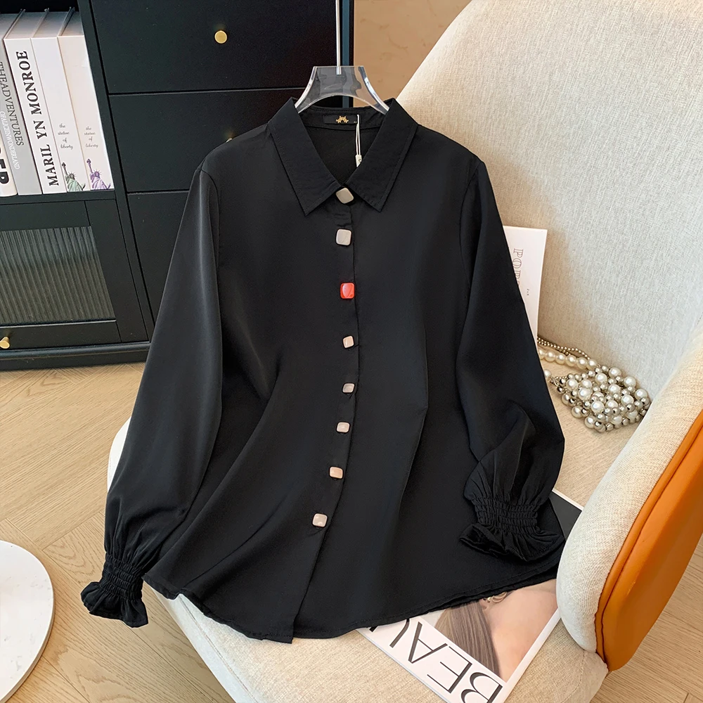 Women\'s plus size autumn casual solid color shirt pure cotton fabric personality buttons decorated commuter top horn sleeves