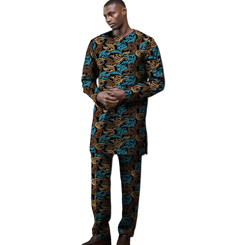 Retro Print African Couture Men's Party Set Full Sleeve Top With Trousers Male Basic Style Male Outfits Customized
