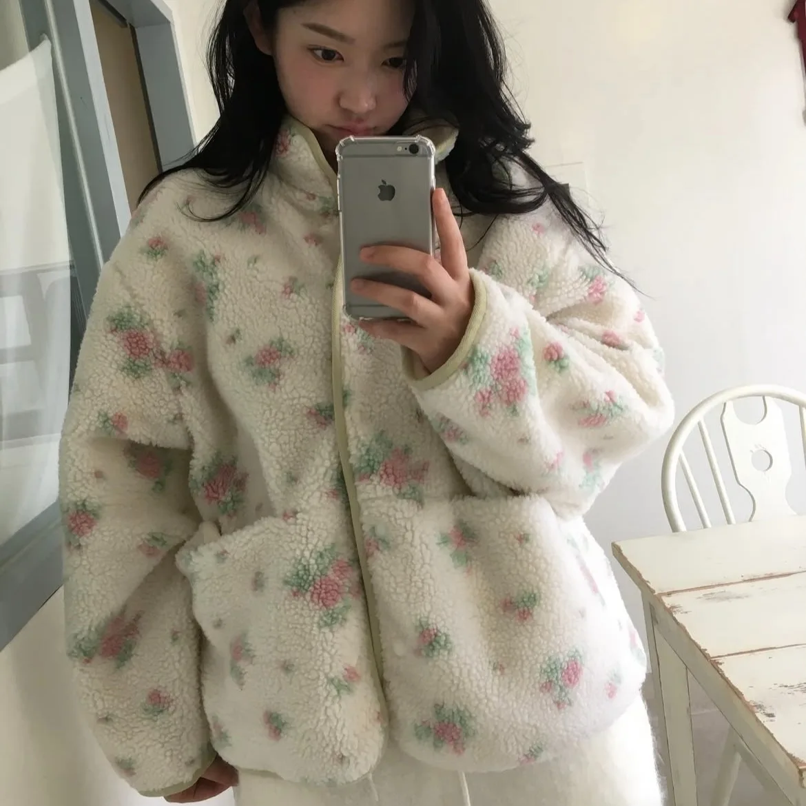 

Gentle Cute Double-Sided Lamb Fur Jaet Dongdaemun Women's Faion Commute Sle Korean Loose Fit Long Sve Stand Collar