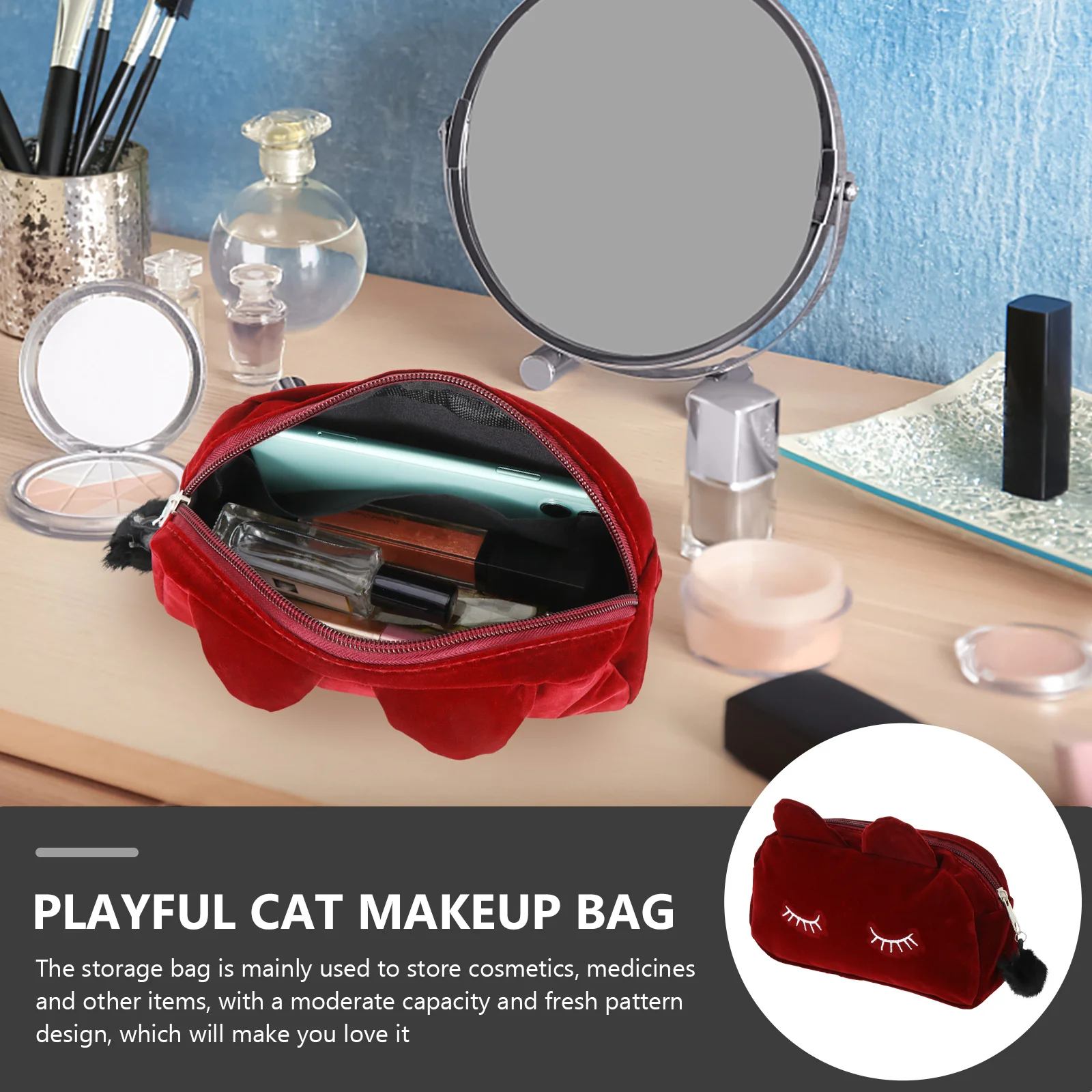 2 Pcs Cat Makeup Bag Travel Case for Storage Cosmetics Wash Makup Miss