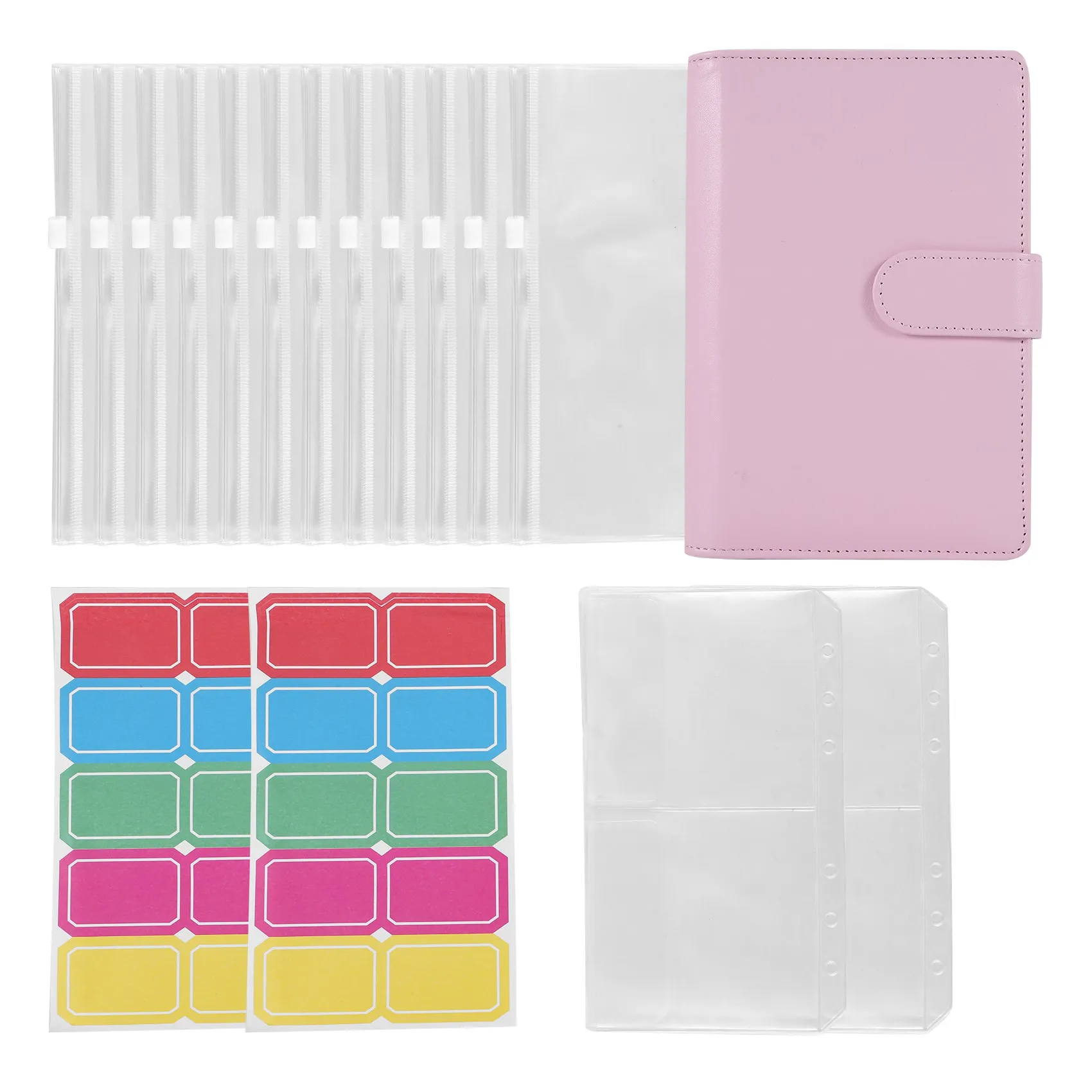 A6 PU Ring Binder,6 Round Rings Notebook Binder 14Pcs Plastic Zippered Envelopes Pockets,with Label Stickers, Pink