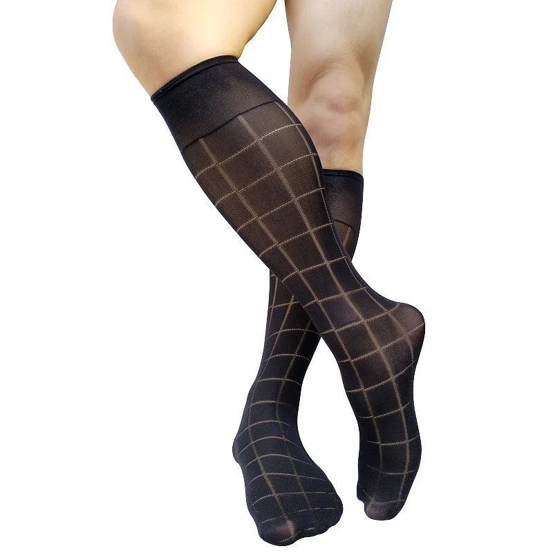 See Through Mens Dress Suit Socks Black Sheer Plaid Knee High Long Tube Sexy Stocking For Male Formal Socks Business Gifts