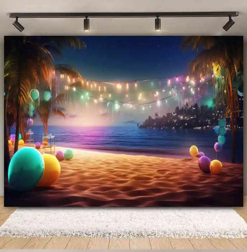 Summer Beach Photography Backdrop Hawaiian Seaside Sunshine Palm Tree Tent Tropical Fruit Holiday Party Photo Background Decor