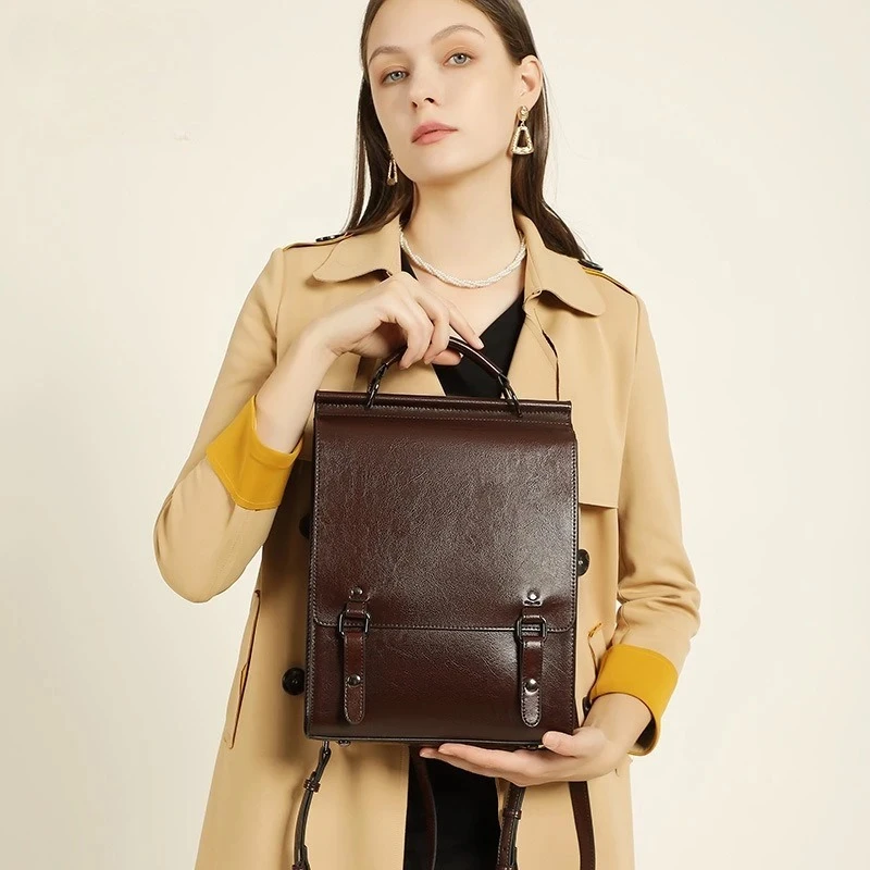Vintage Genuine Cow Leather Backpack for Women Preppy School Laptop Bag British College Daypack Student Rucksack Shoulder