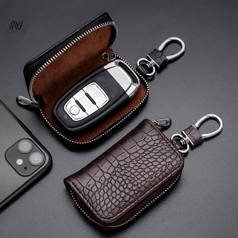 Car Keychain Cover Crocodile Pattern Men's Keychain Leather Car Key Wallet Butler Key Storage Bag Zipper Key Bag Unisex Pouch