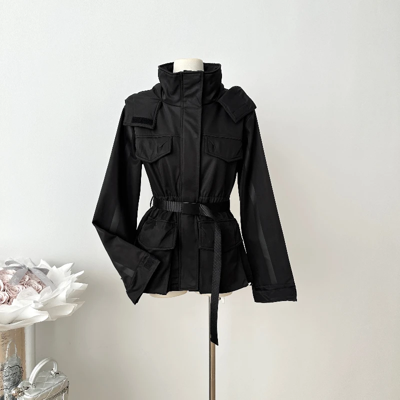 

Black Unisex Workwear Windbreaker Autumn Mid-length Turleneck Hooded Coat Loose Long Sleeve Belt Multi-pocket Windproof Outfits