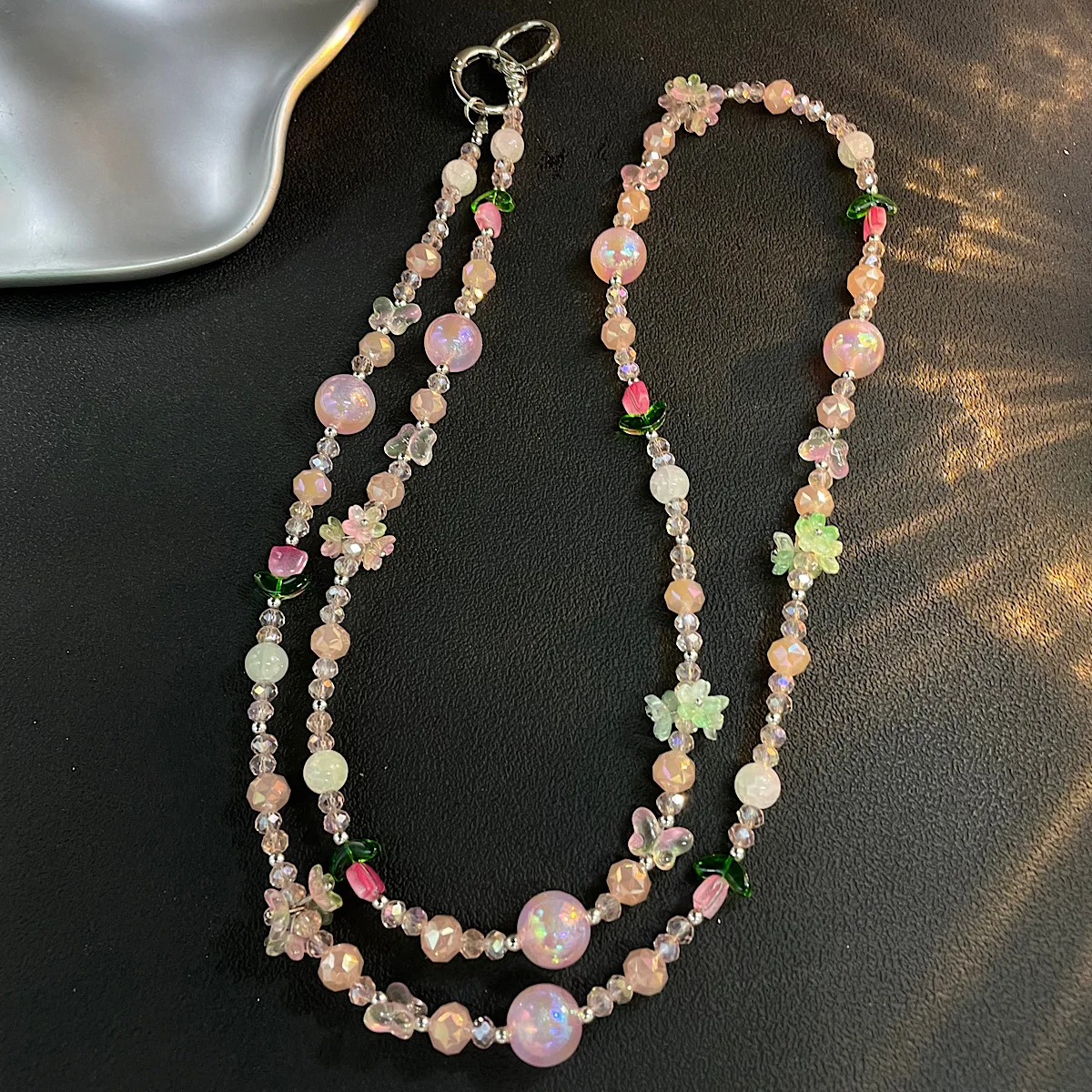 

Розовая, зеленая цепочка из бисера с цветком, через плечо, можно носить с розовым хрустальным ремешком, подвесная цепочка, нежный темперамент, сказочный кулон