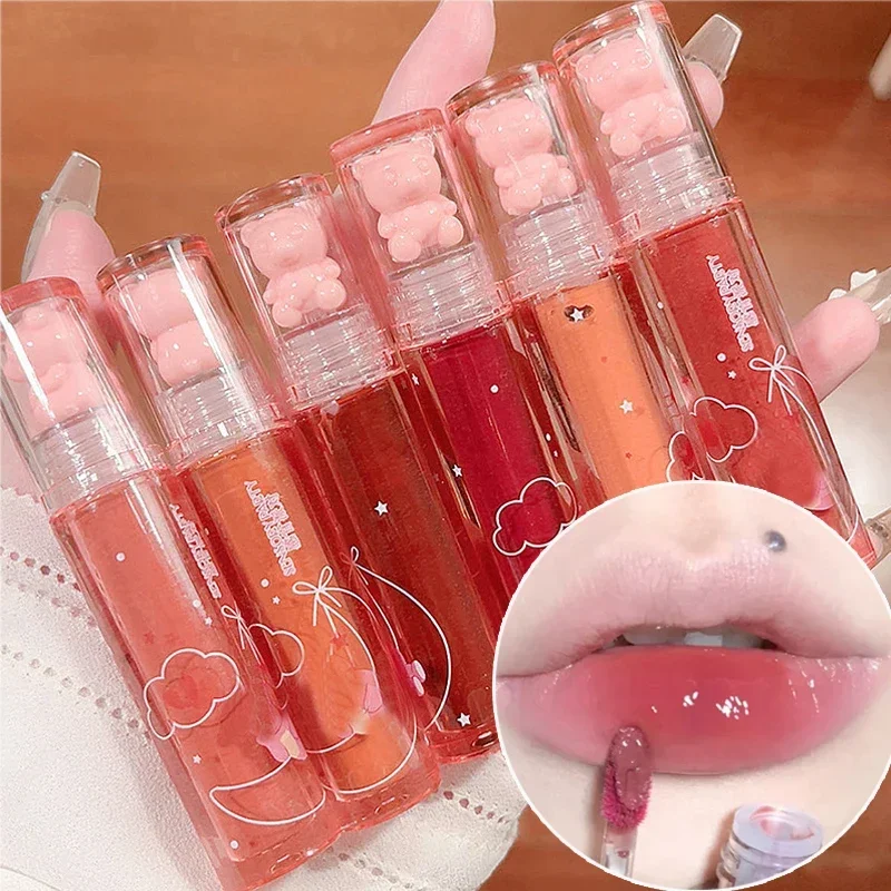 Cute Pink Bear Water Light Lip Gloss, Cristal duradouro, Glaze brilhante, Mirror Nude Liquid Lipstick, Mulheres Lábios Maquiagem Cosméticos