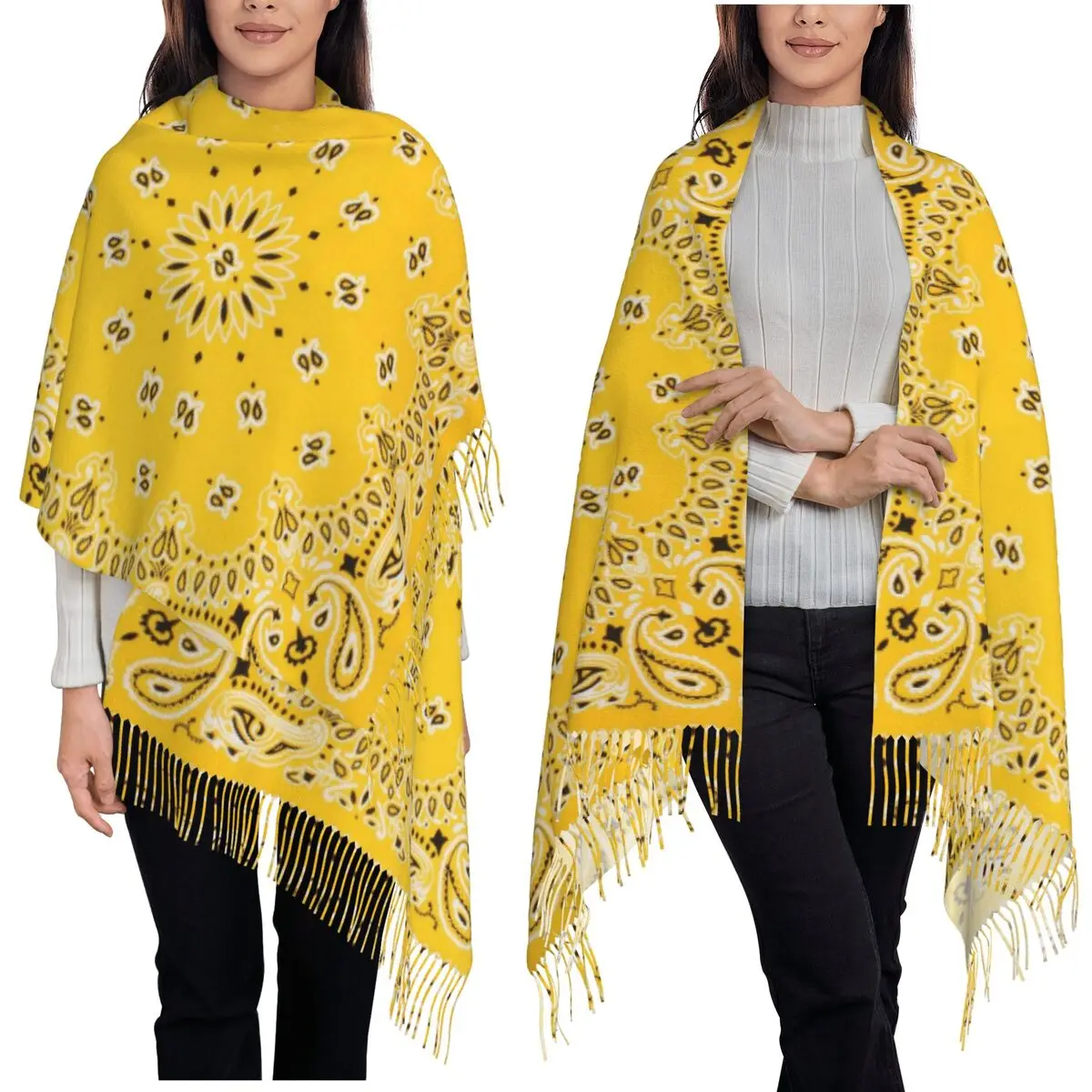 Yellow Paisley Print Scarf Tassel Scarves Women Soft Warm Shawls and Wraps Long Fall Winter Shawl Wrap