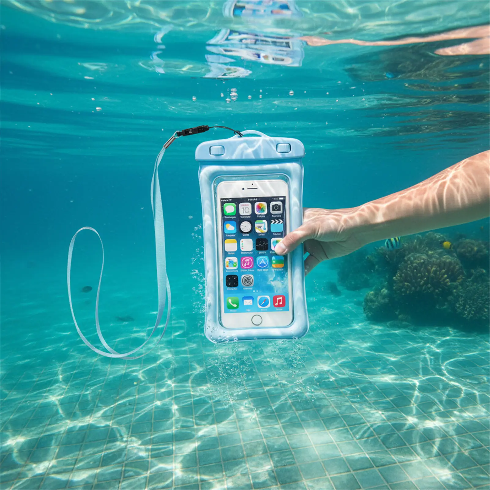 Blue Black Waterproof Phone Bag Transparent PVC Touch Screen Phone Organizer Swimming Snorkeling Beach Use for Men Women view 3