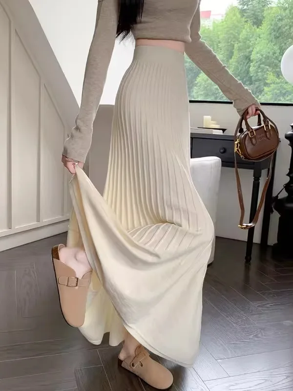 

Женская трикотажная юбка миди с высокой талией, весна-осень 2026, новая, драпированная, А-силуэт, бежевая, для повседневной носки, из полиэфирного волокна