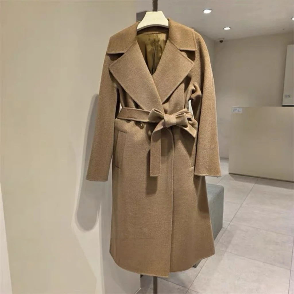 

Classic Long Double-Breasted Buttoned Collar Belted Versatile Camere Coat Lemon Cheese Simple Design Winter Outerwear