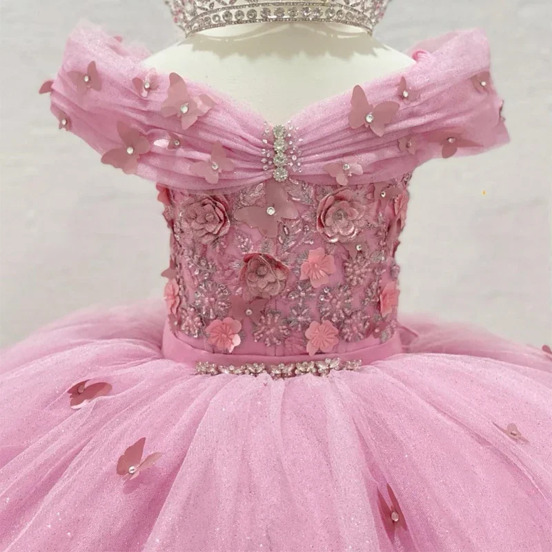 Pink 3D Bufferfly Flower Girls Dress Off Shoulder Ball Gown For Birthday Lace Crystals Beads Bow Princess Child Girls Ball Gown