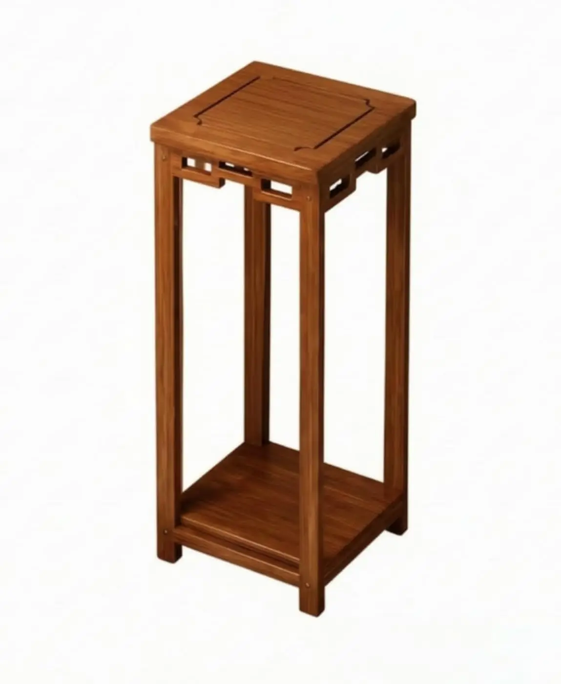 Two Tier Walnut Wood Display Stand with Lower Storage Shelf and Four Vertical Legs for Showcasing Plants Decorative Objects Suit