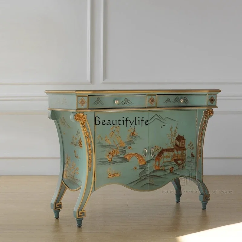 

yj21 Classical painted blue and gold entrance corridor table storage cabinet sofa back table